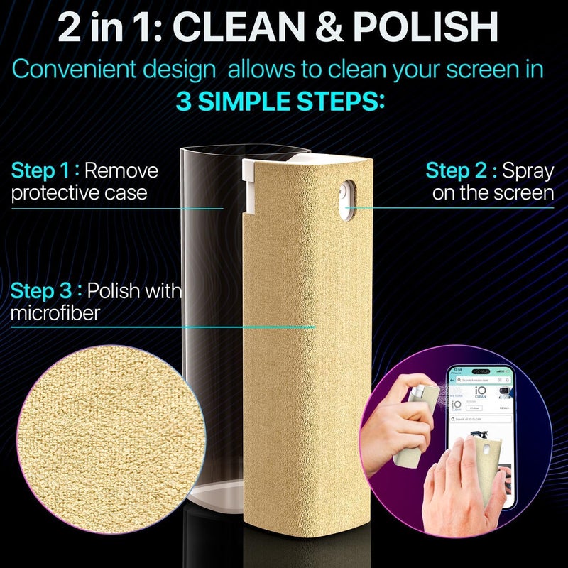 iO CLEAN Mini Screen Cleaner Spray – Finger Proof Screen Cleaner for Smartphones, iPads, MacBooks, Laptops, Car Screens, Touchscreens – 3in1 Mist Cleaner, Microfiber Cloth and Protective Cover (Khaki) - Image 3